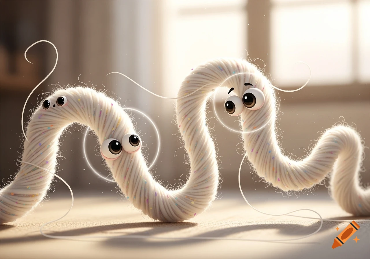 Two whimsical, fuzzy white cotton threads with large, expressive googly eyes on a light beige surface.