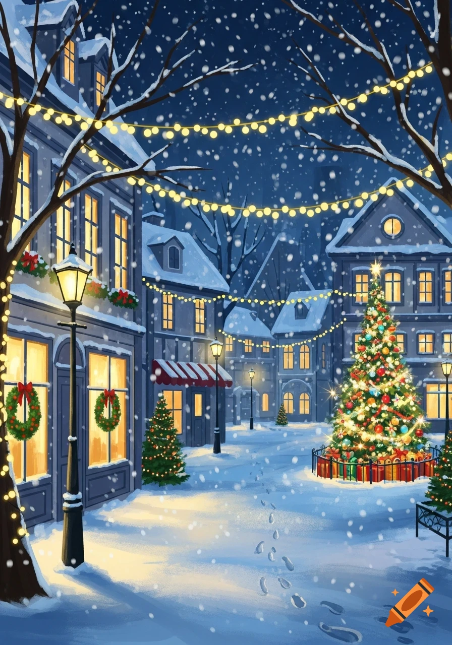 Illustrative painting of a snowy Christmas village at night with a ...