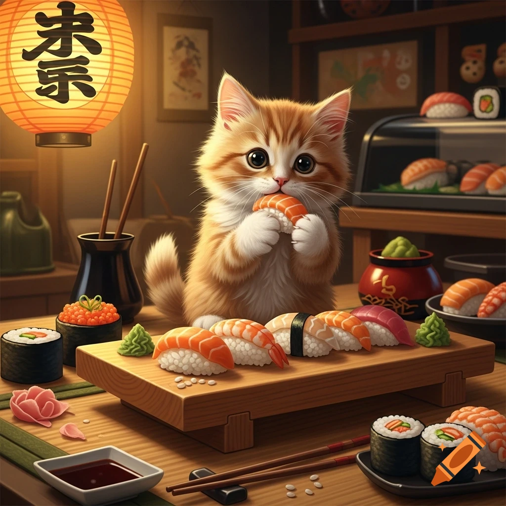 An adorable orange and white kitten cutely holds and eats a piece of salmon sushi, surrounded by various sushi and maki rolls on a wooden counter, with a glowing lantern in the background. Photorealistic style.