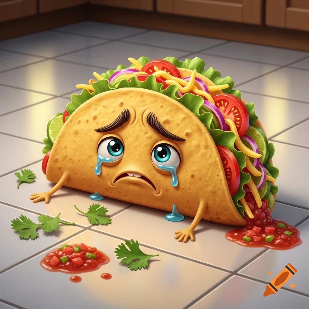 A crying cartoon taco lies on a tiled kitchen floor with salsa spilled beside it, looking sad.