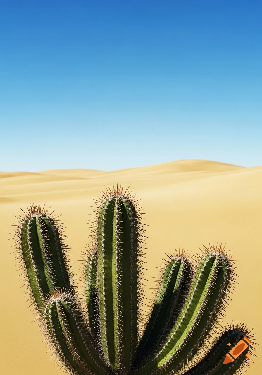 A large green cactus with sharp spines stands in the foreground of a vast sandy desert under a clear blue sky.