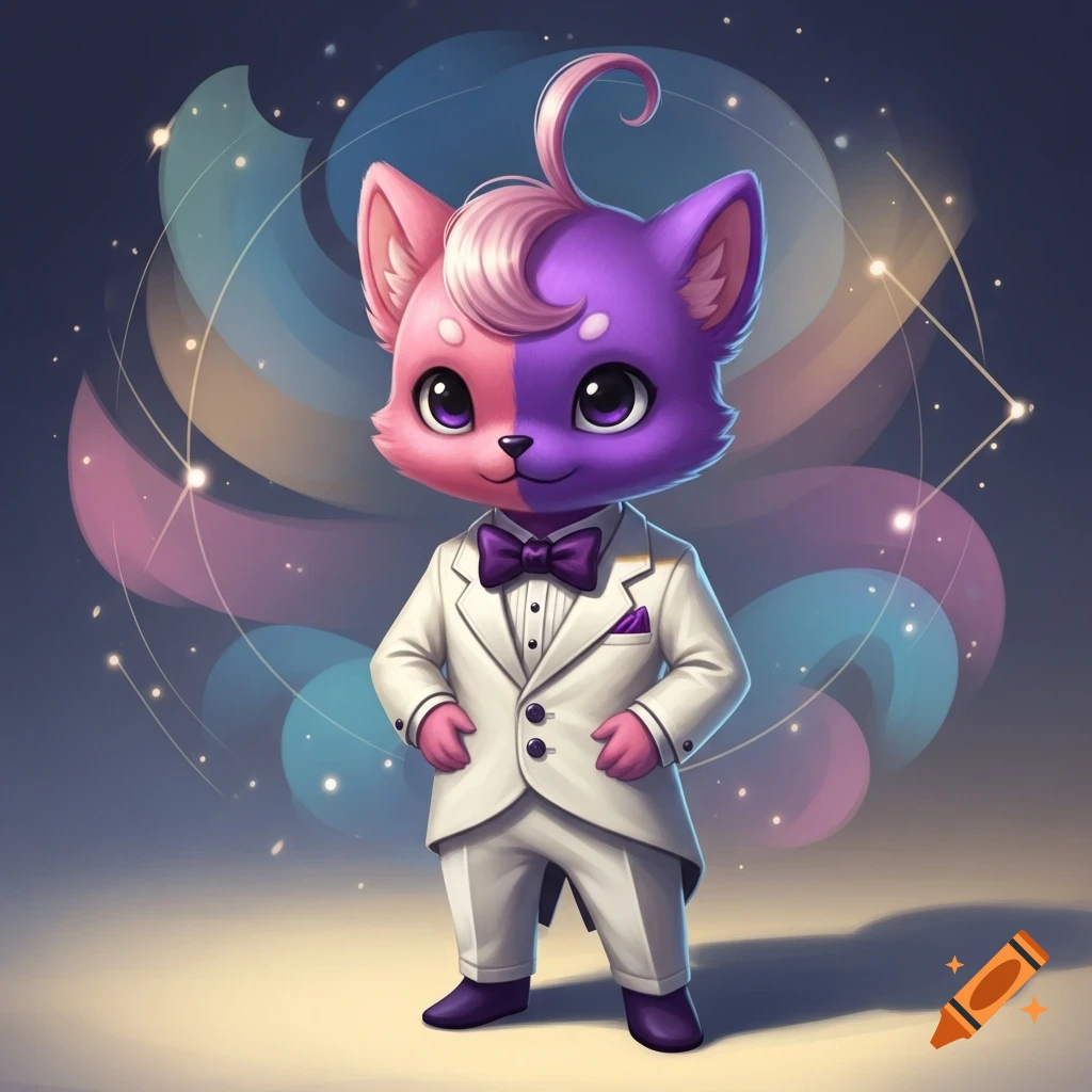 A cute, bipedal, half-pink, half-purple cartoon cat in a white tuxedo and dark purple bowtie stands against a magical, starry background.