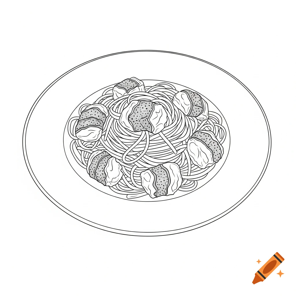 A minimalistic black and white vector illustration of spaghetti with chunks of meat or seafood on a plate.