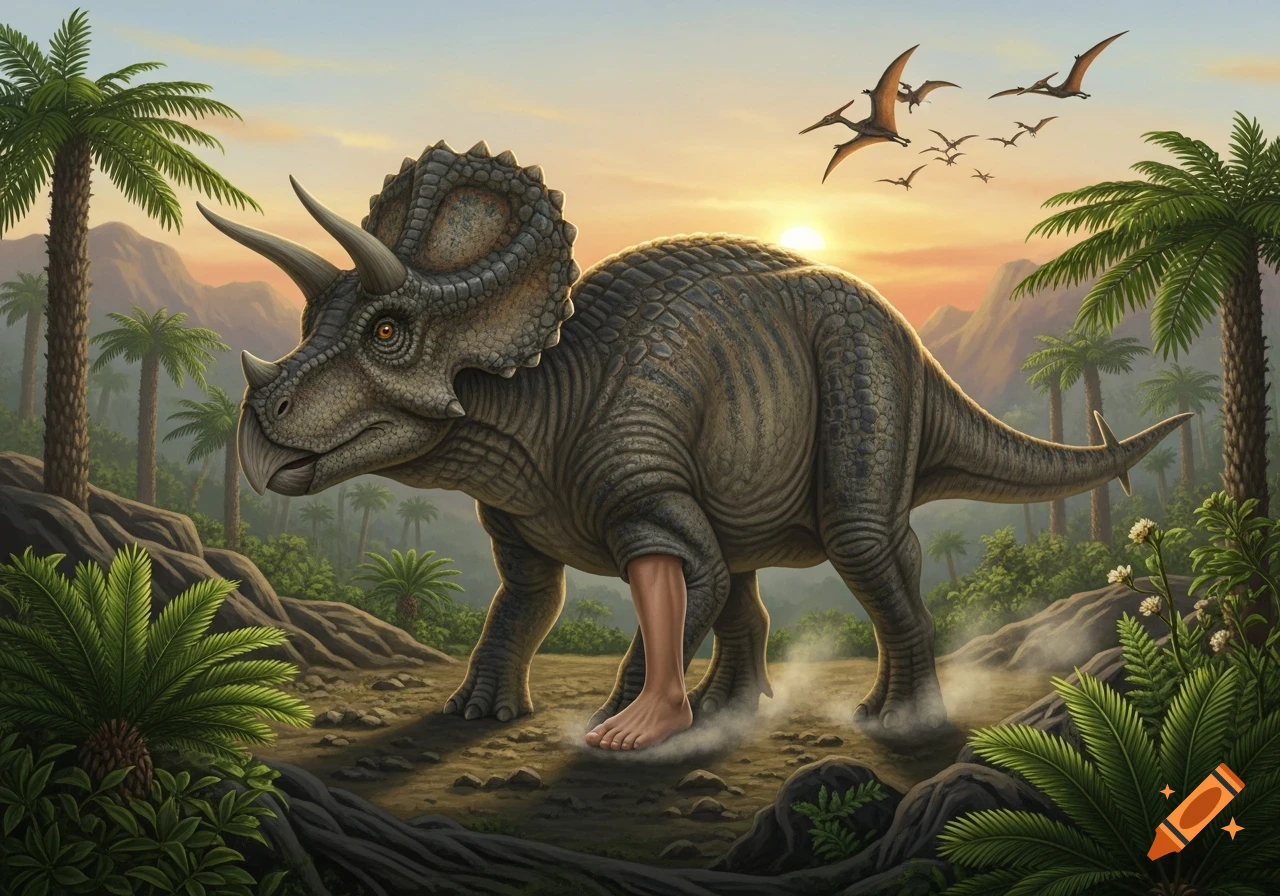 A large grey Triceratops-like dinosaur with one human leg and foot stands in a lush prehistoric jungle at sunset, with palm trees and flying pterodactyls.