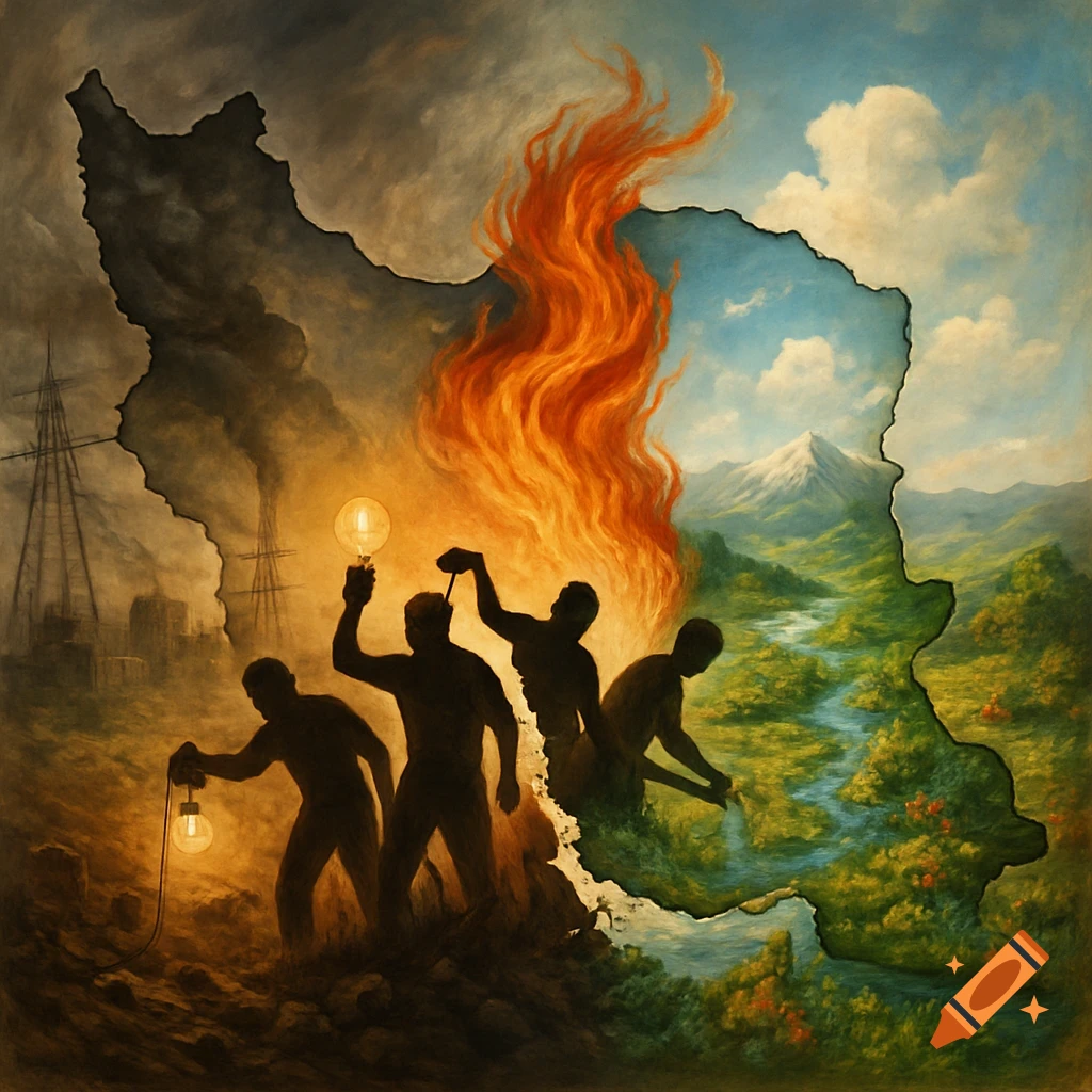 A painterly image of Iran's map, split between a dark, polluted industrial landscape and a vibrant, green natural one, with a fiery vortex in between.