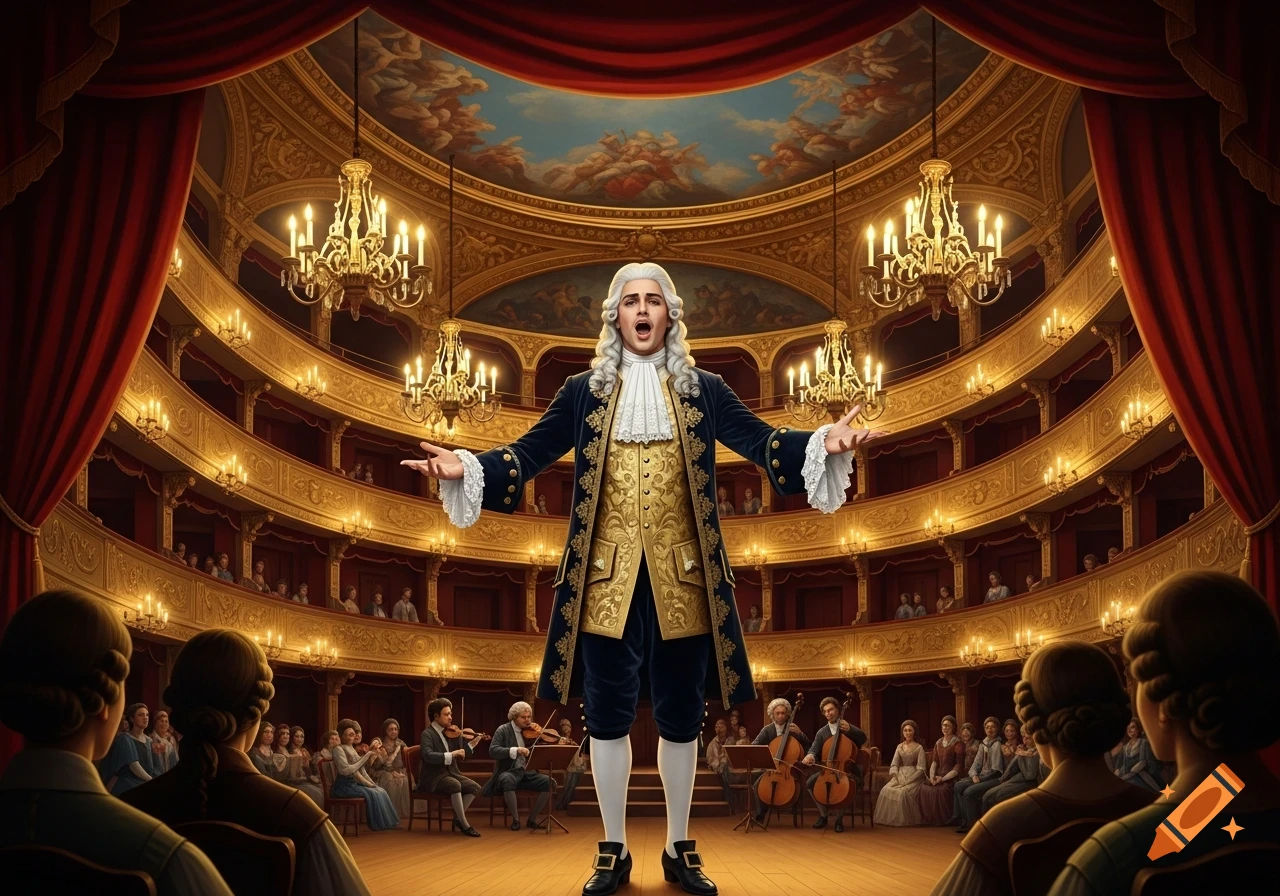 A man in baroque attire sings on stage in a grand opera house with tiered balconies, an orchestra, and an audience.