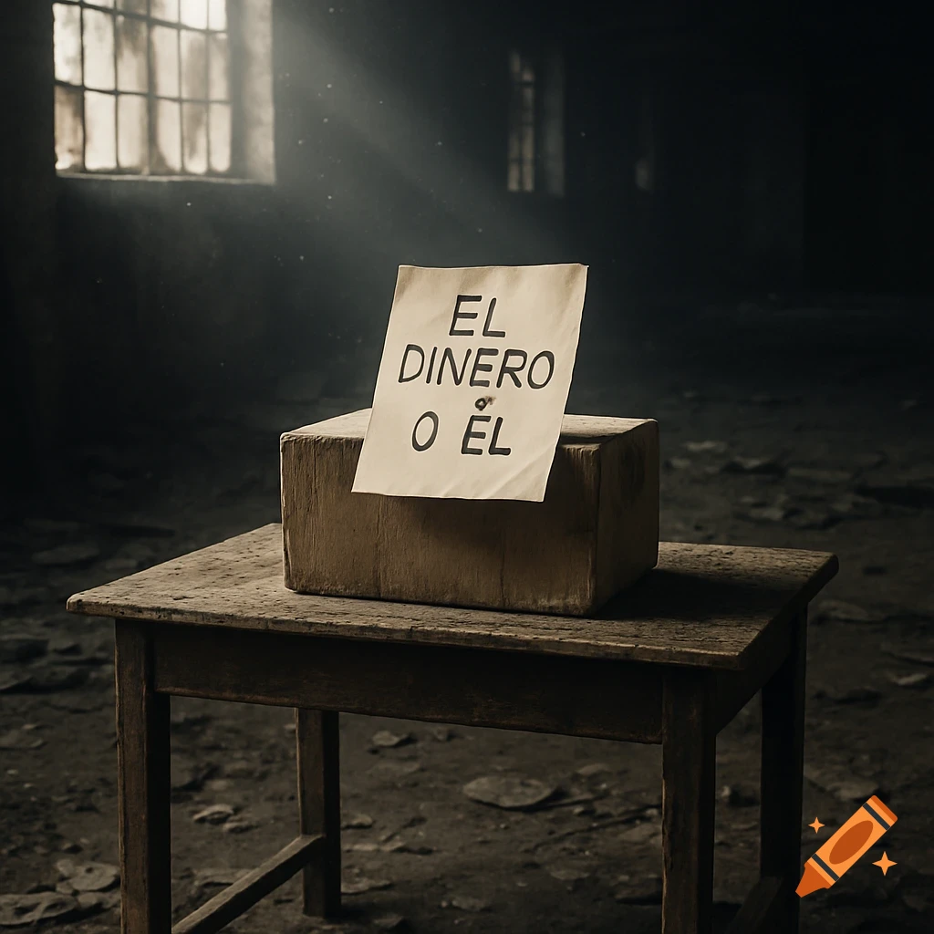 A note reading 'El dinero o él' on a box on a wooden table in a dimly lit, abandoned room, photorealistic style.