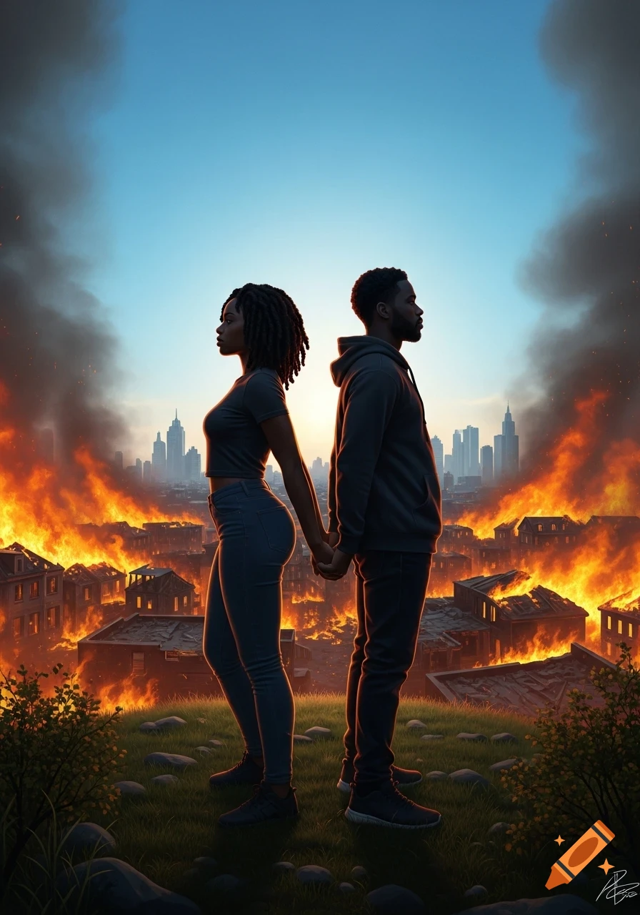 A Black woman and man stand back-to-back, holding hands on a hill, overlooking a city engulfed in flames and smoke.