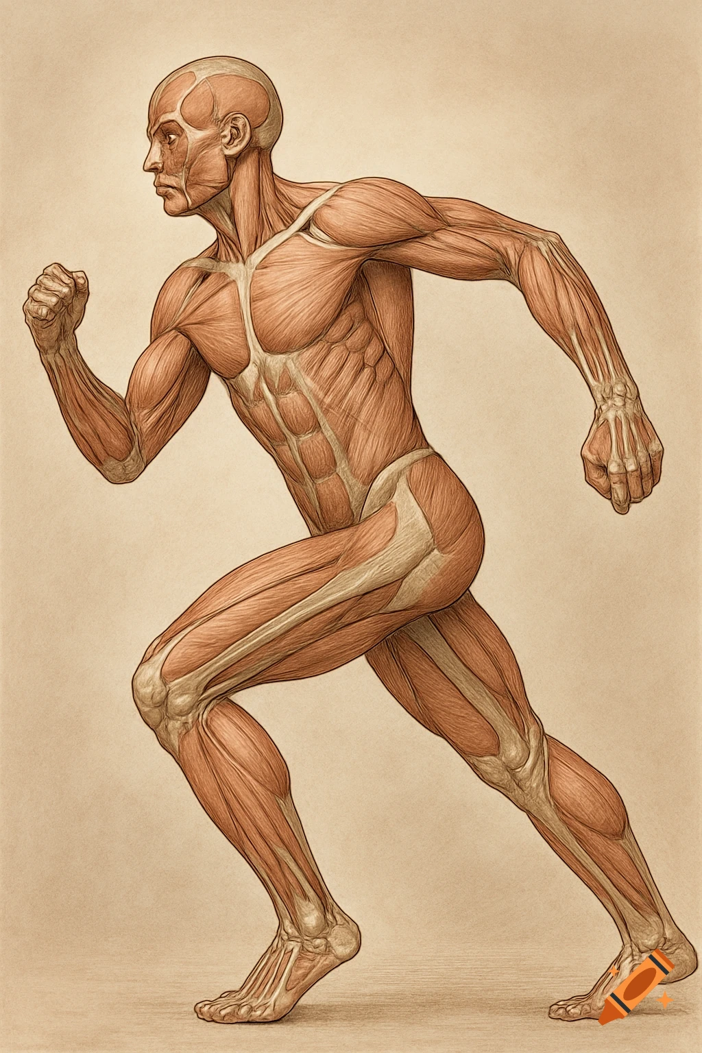 Detailed anatomical drawing of a human's muscular and skeletal systems in a running pose, on a beige background.