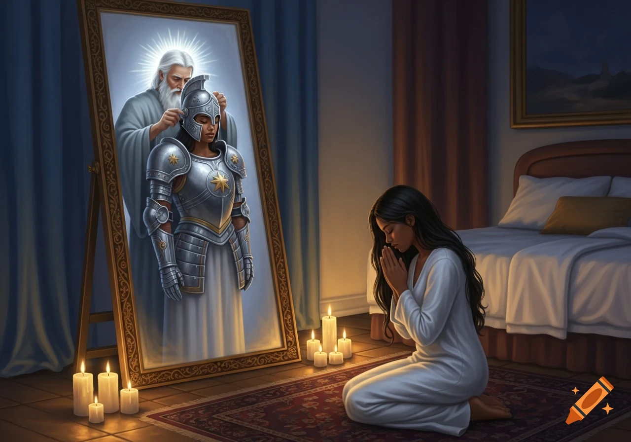 A woman kneels praying by candlelight, her reflection in a mirror shows an older man placing armor on her.