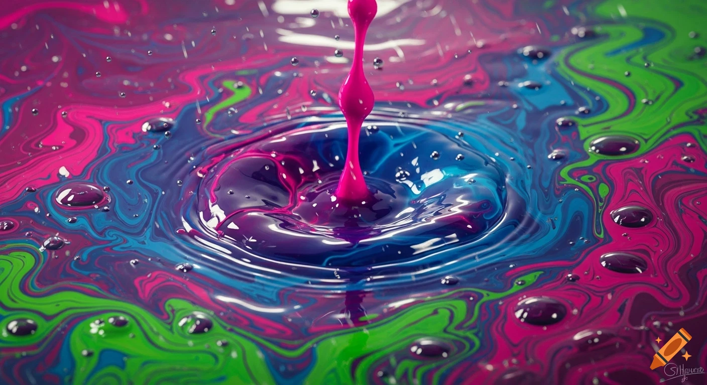 A close-up shot of a pink liquid drop splashing into a vibrant mix of swirling blue, purple, and green liquids.