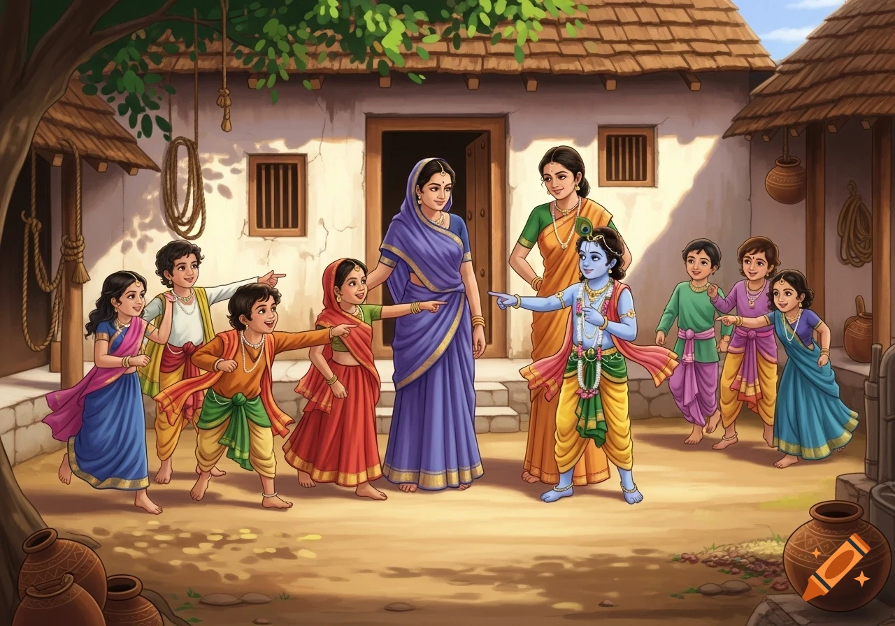 Colorful illustration of children and women in traditional Indian clothing in a village setting, with several children pointing at a blue-skinned child.