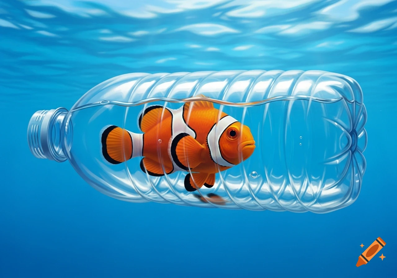 An orange and white clownfish is trapped inside a clear plastic water bottle, floating underwater in blue ocean.