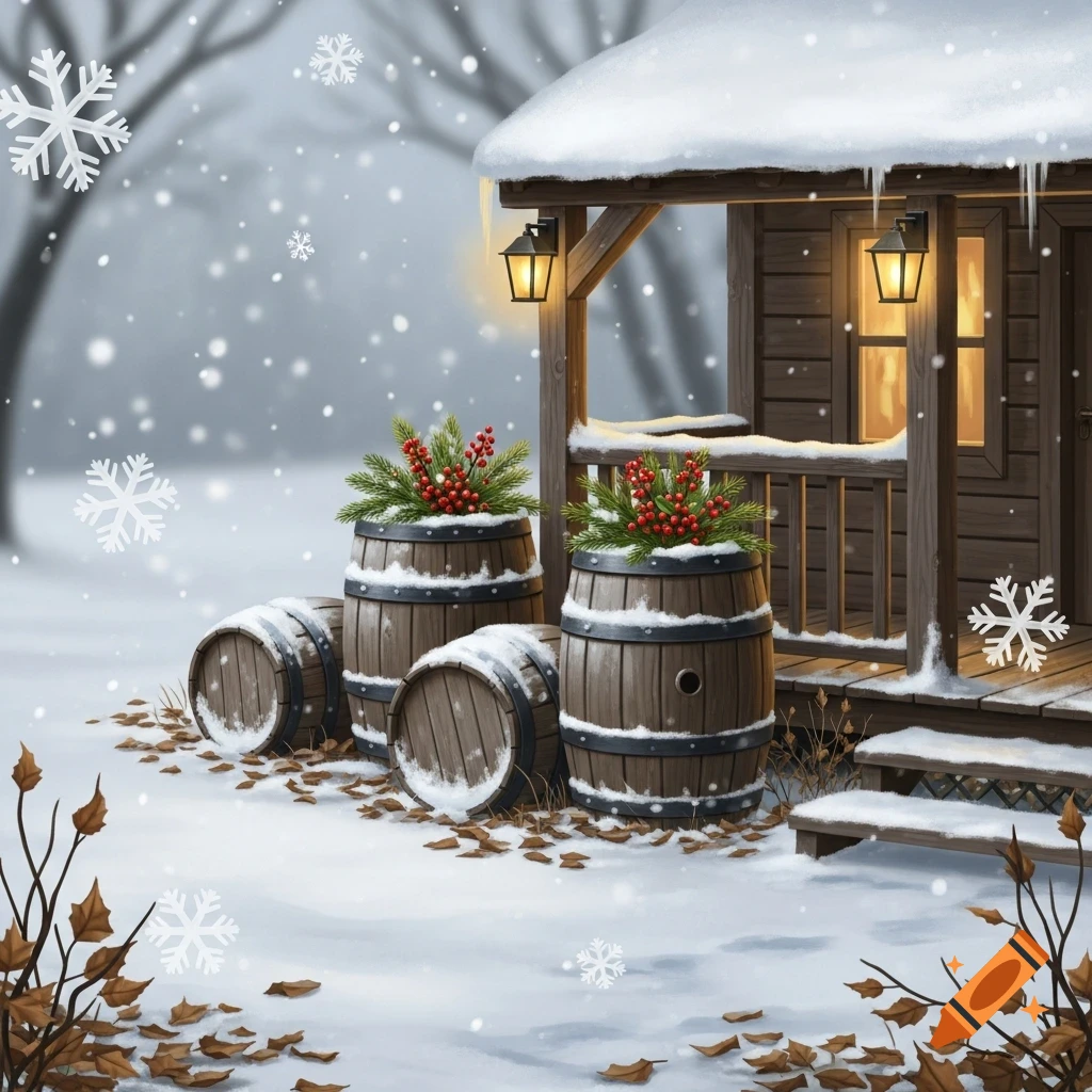 A rustic cabin entrance in a snowy winter scene, flanked by glowing lanterns and decorative wood barrels with holiday greenery.