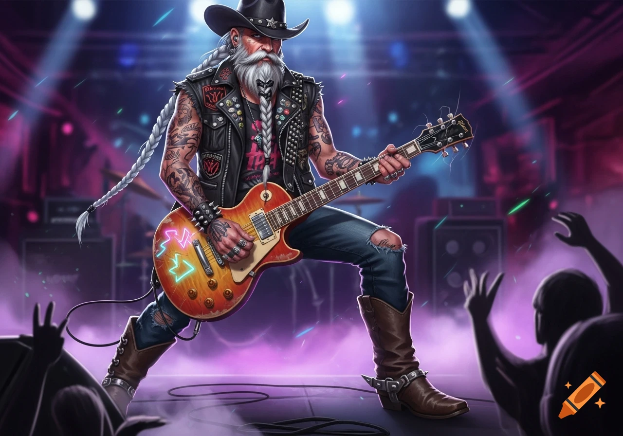 A stylized punk rock cowboy with a long white braided beard plays an electric guitar on a stage under colorful lights, with silhouetted audience members in the foreground.