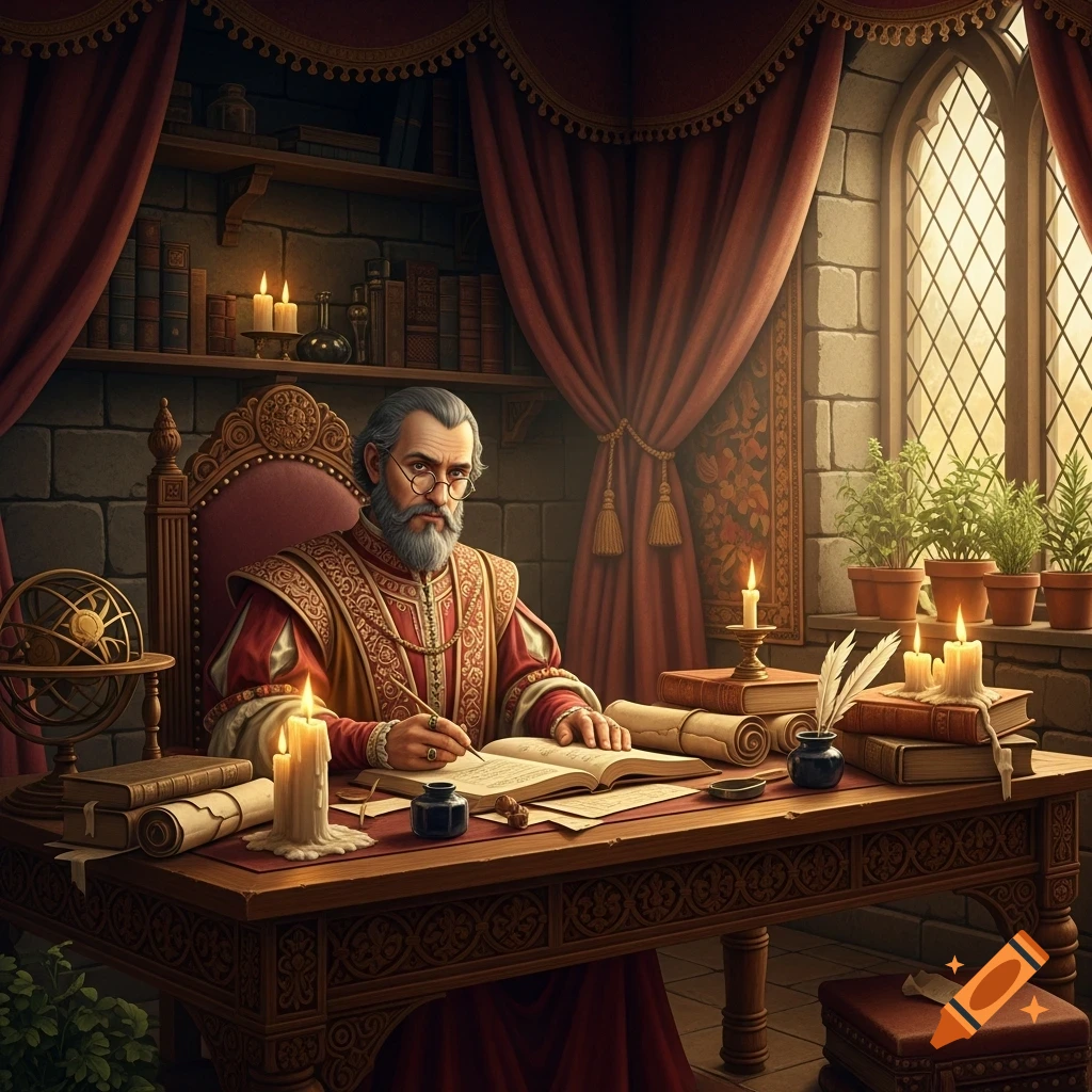 A Renaissance scholar with a beard and glasses sits at a wooden desk, writing in a book by candlelight in a stone-walled study with arched windows.