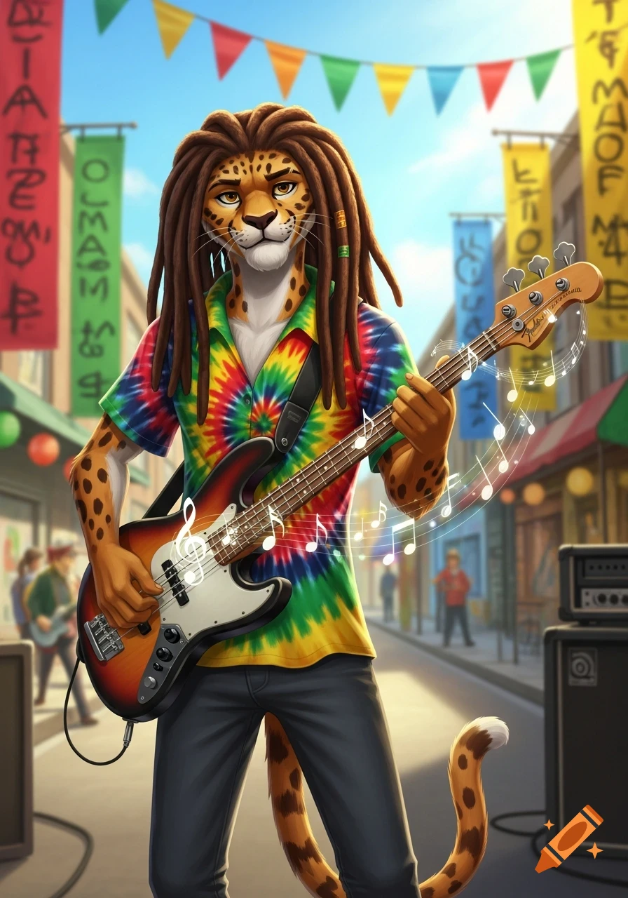 A dreadlocked anthropomorphic cheetah in a tie-dye shirt plays a bass guitar on a sunny street with colorful banners.