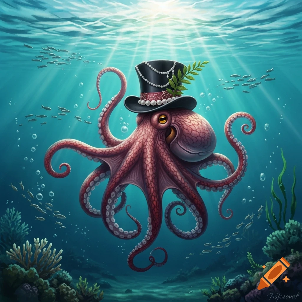 A red octopus wearing a black top hat with pearls and a green leaf, swimming underwater with fish and coral, bathed in sunlight.