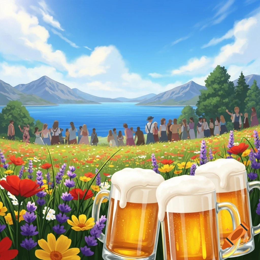 Sunny landscape with a lake, mountains, and people in a wildflower meadow, with three frothy beer mugs in the foreground.