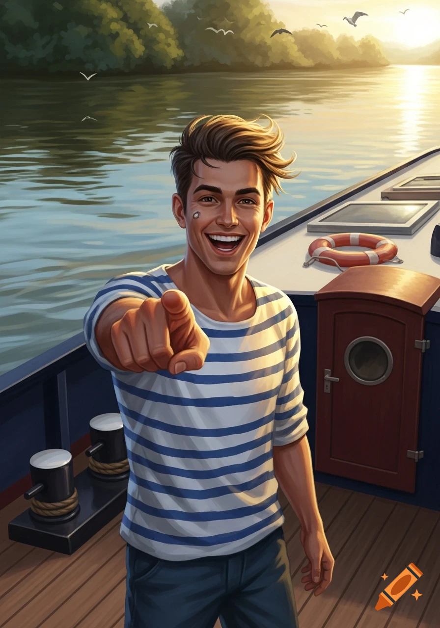 Smiling young man in a striped shirt pointing from a boat on a sunny lake, illustration.