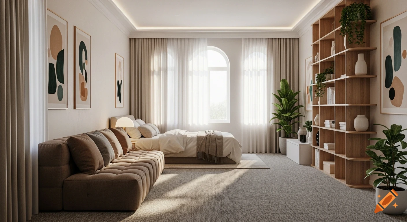 A modern, bright living bedroom with a bed, a long sofa, a wooden bookshelf, potted plants, abstract art, and large windows with sheer curtains.