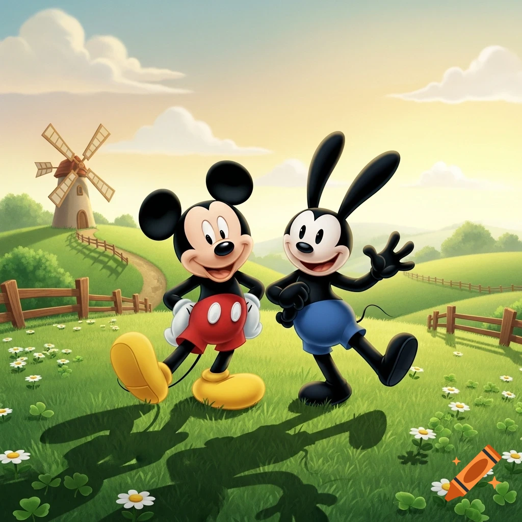 Mickey Mouse and Oswald the Lucky Rabbit stand smiling in a sunny, green countryside with a windmill in the background.