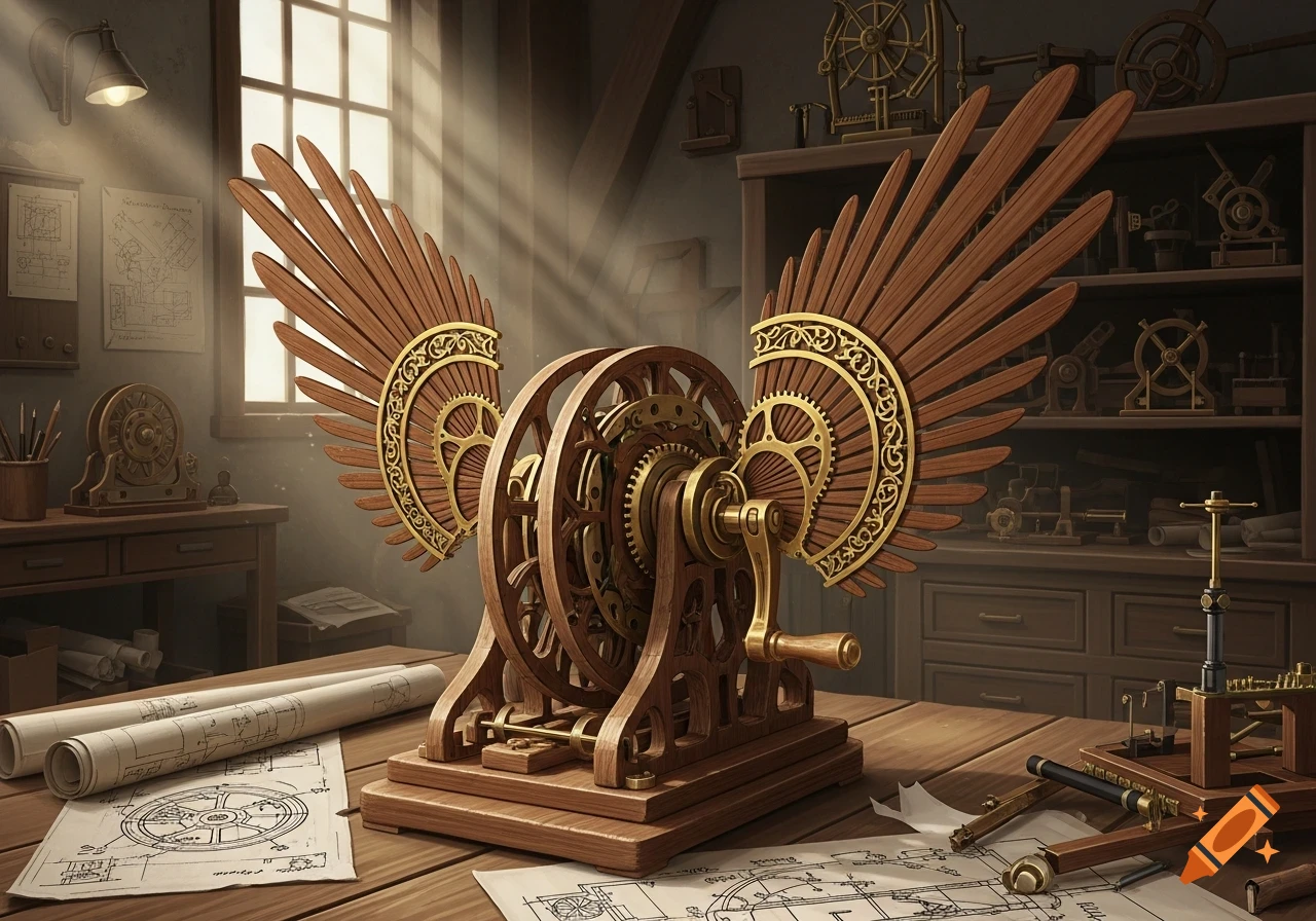 A detailed steampunk-style wooden machine with intricate gears and large wings sits on a workshop desk with blueprints.