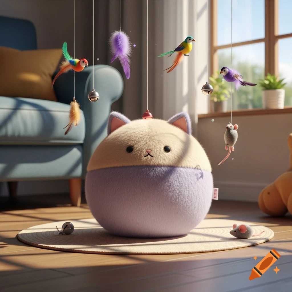 A fluffy, round cat toy, half beige and half lavender, sits on a rug with hanging bird and mouse toys in a sunlit room.