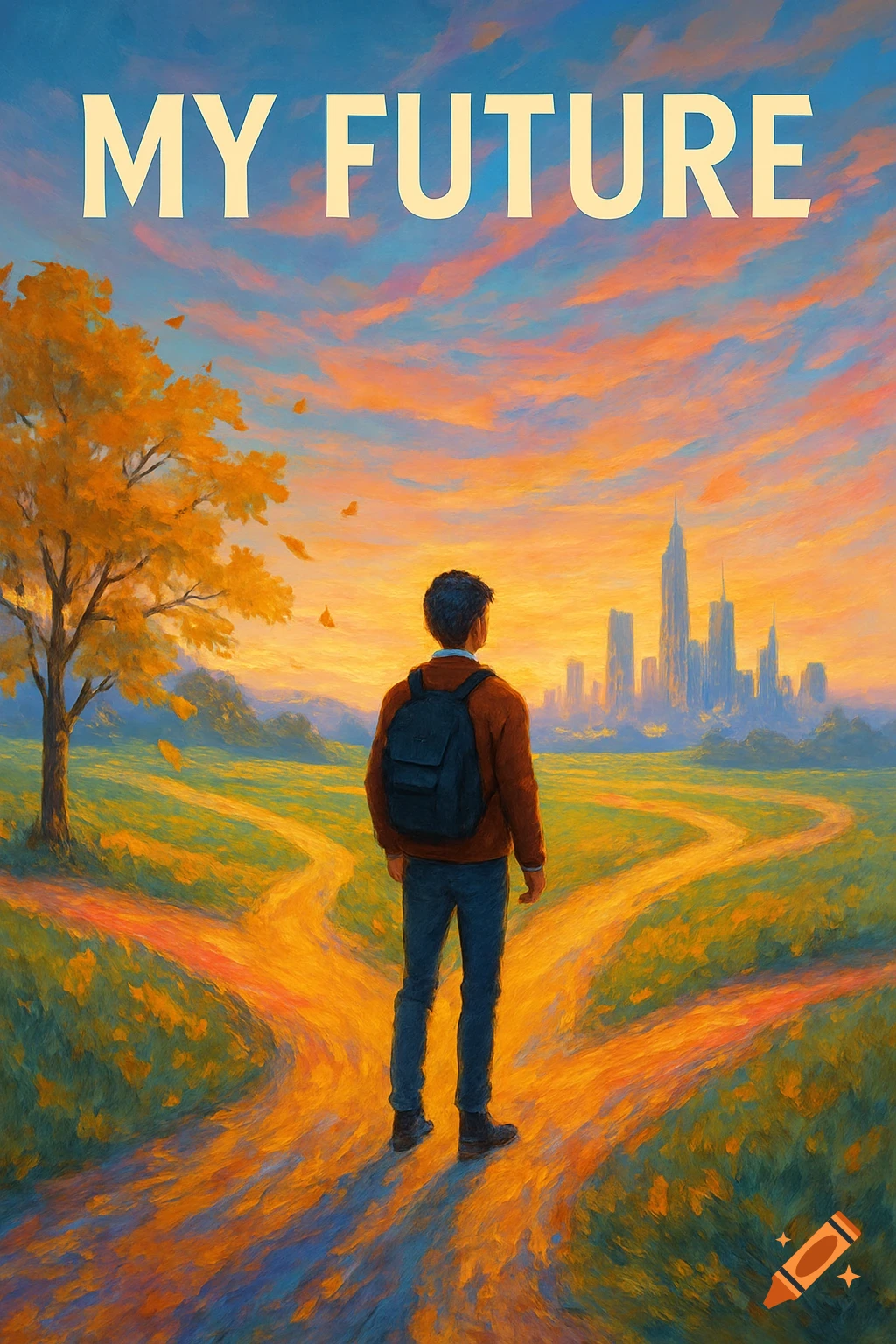 A person with a backpack stands at diverging paths, looking towards a distant city under an orange sky, with 'MY FUTURE' text.