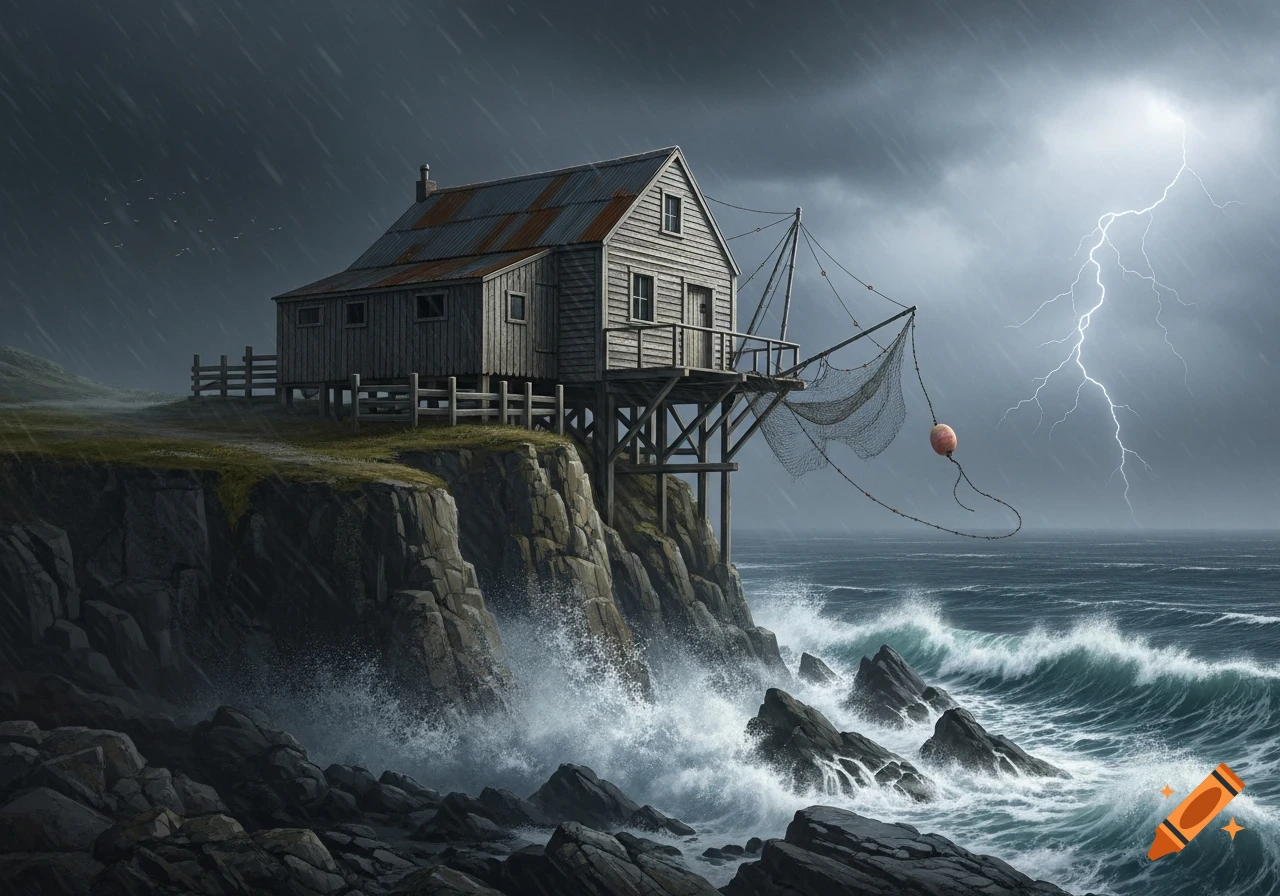 A weathered fishing shack on a rocky cliff overlooking a stormy, turbulent sea with lightning and crashing waves.