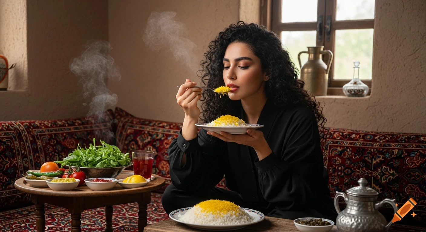 A woman with curly black hair eats saffron rice from a plate with a spoon in a traditional Iranian room with patterned cushions and a window.