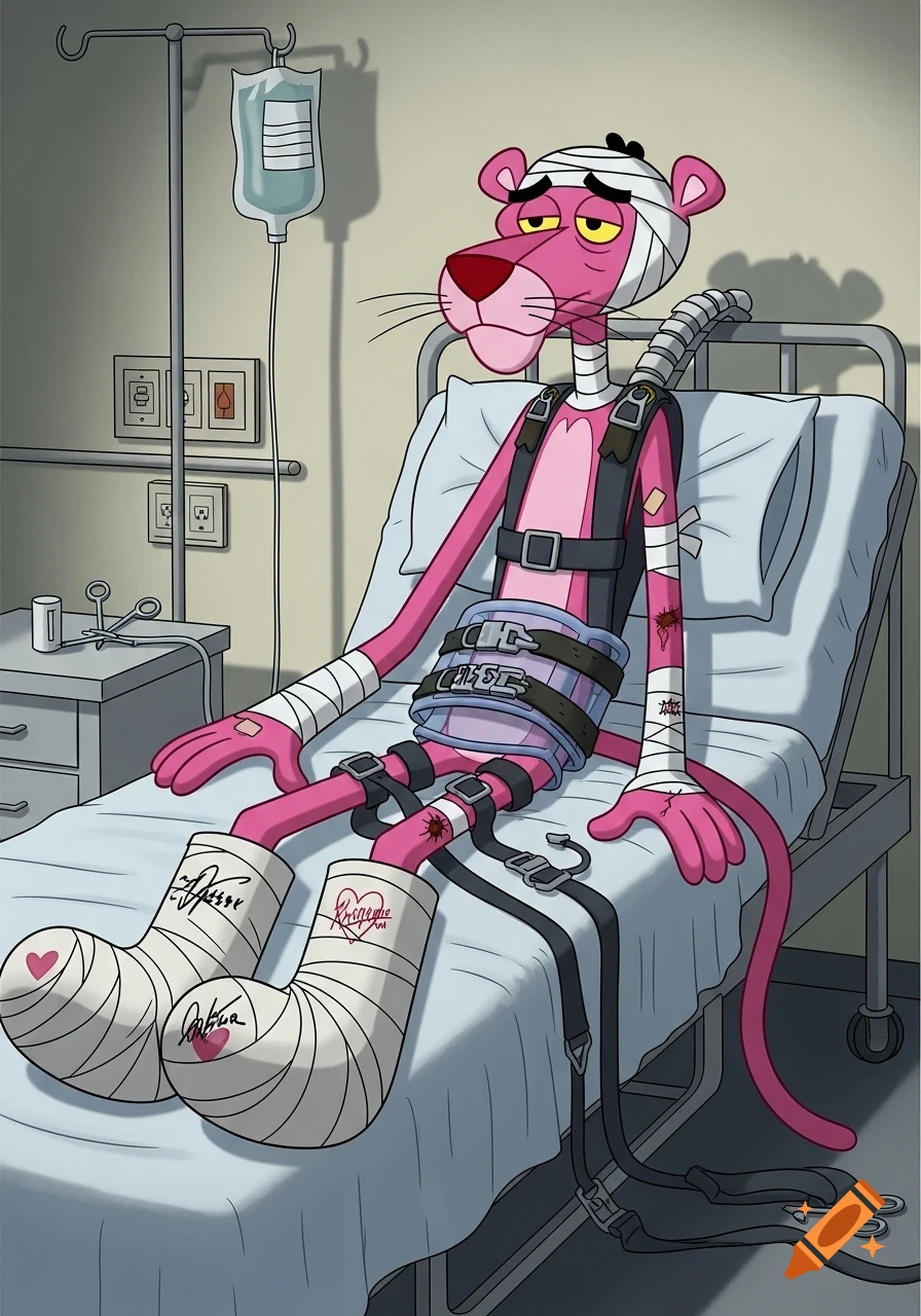 Pink Panther cartoon character lies in a hospital bed, heavily bandaged, with casts on his legs, and wearing a parachute harness.