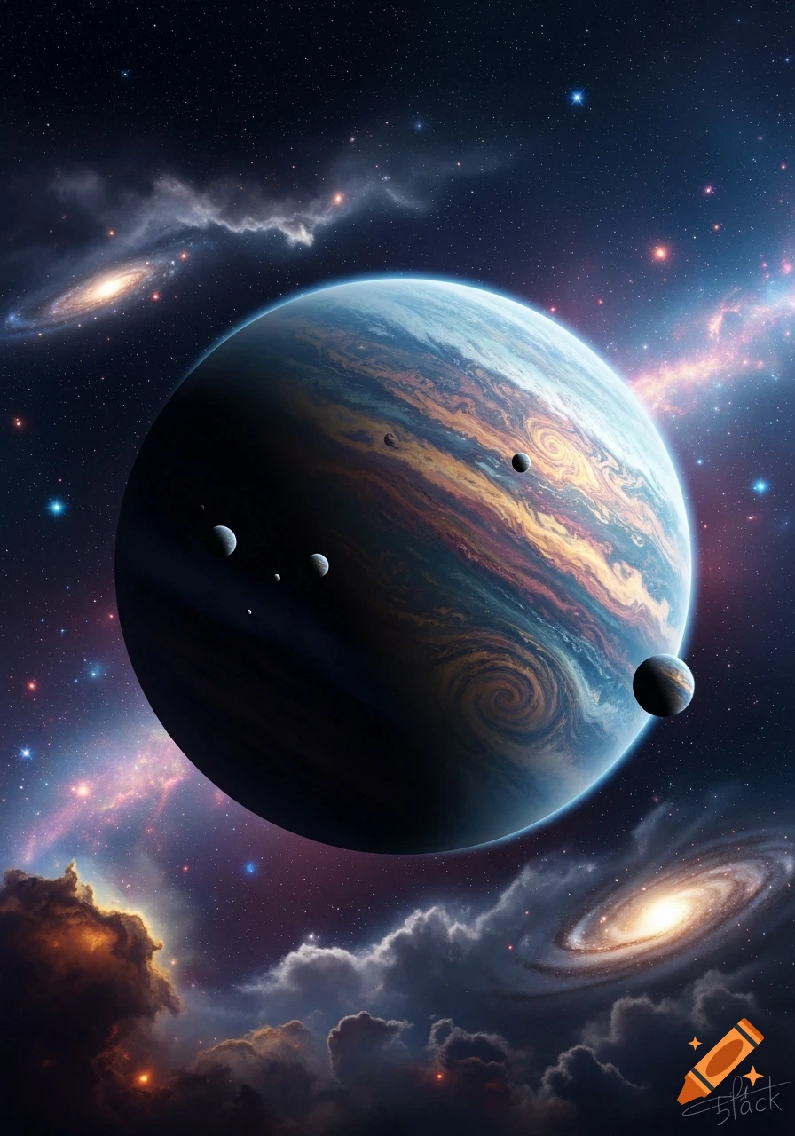 A large gas giant planet with multiple moons in a vibrant deep space scene with nebulae and spiral galaxies.