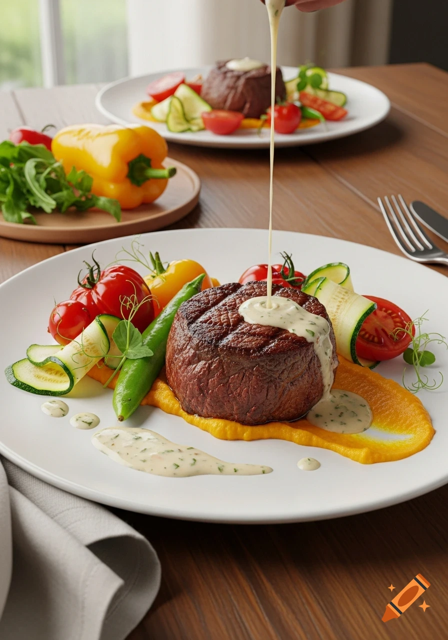 Photorealistic image of a beef tenderloin entree with fresh vegetables, carrot puree, and creamy sauce being drizzled.