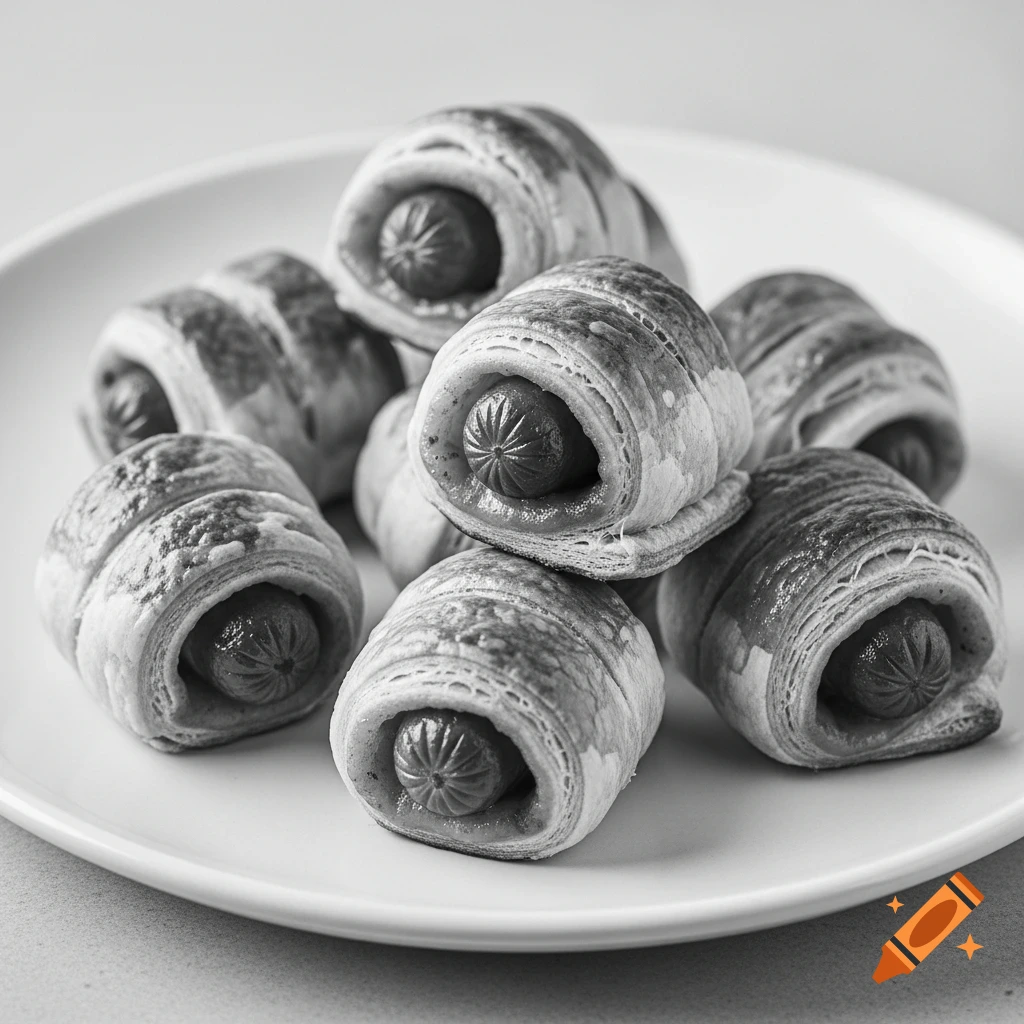 Close-up of several pigs in a blanket on a white plate, rendered in black and white.