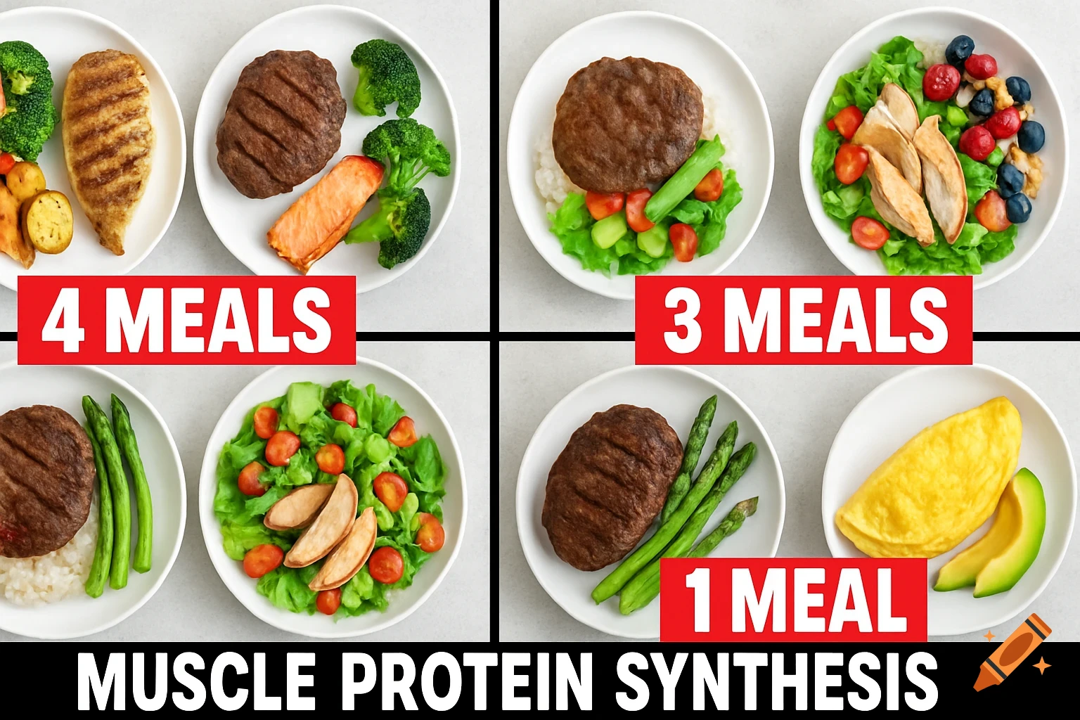 Overhead view of a 2x2 grid comparing meal frequencies. Top left: 4 diverse meals. Top right: 3 meals. Bottom right: 1 meal. Text reads 'MUSCLE PROTEIN SYNTHESIS'