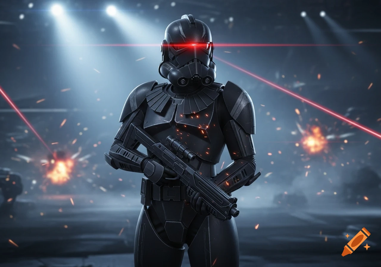 A black armored Star Wars Alpha-class ARC Trooper with a red visor holds a blaster rifle amid laser fire and explosions in a dark arena.