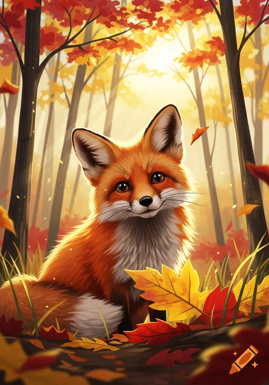 A cute red fox with big eyes sits among vibrant autumn leaves in a sunlit forest, digital art style.