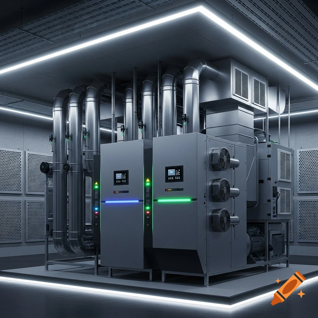 Photorealistic image of a modern industrial HVAC heat pump system with large pipes and bright LED lighting in a gray room.