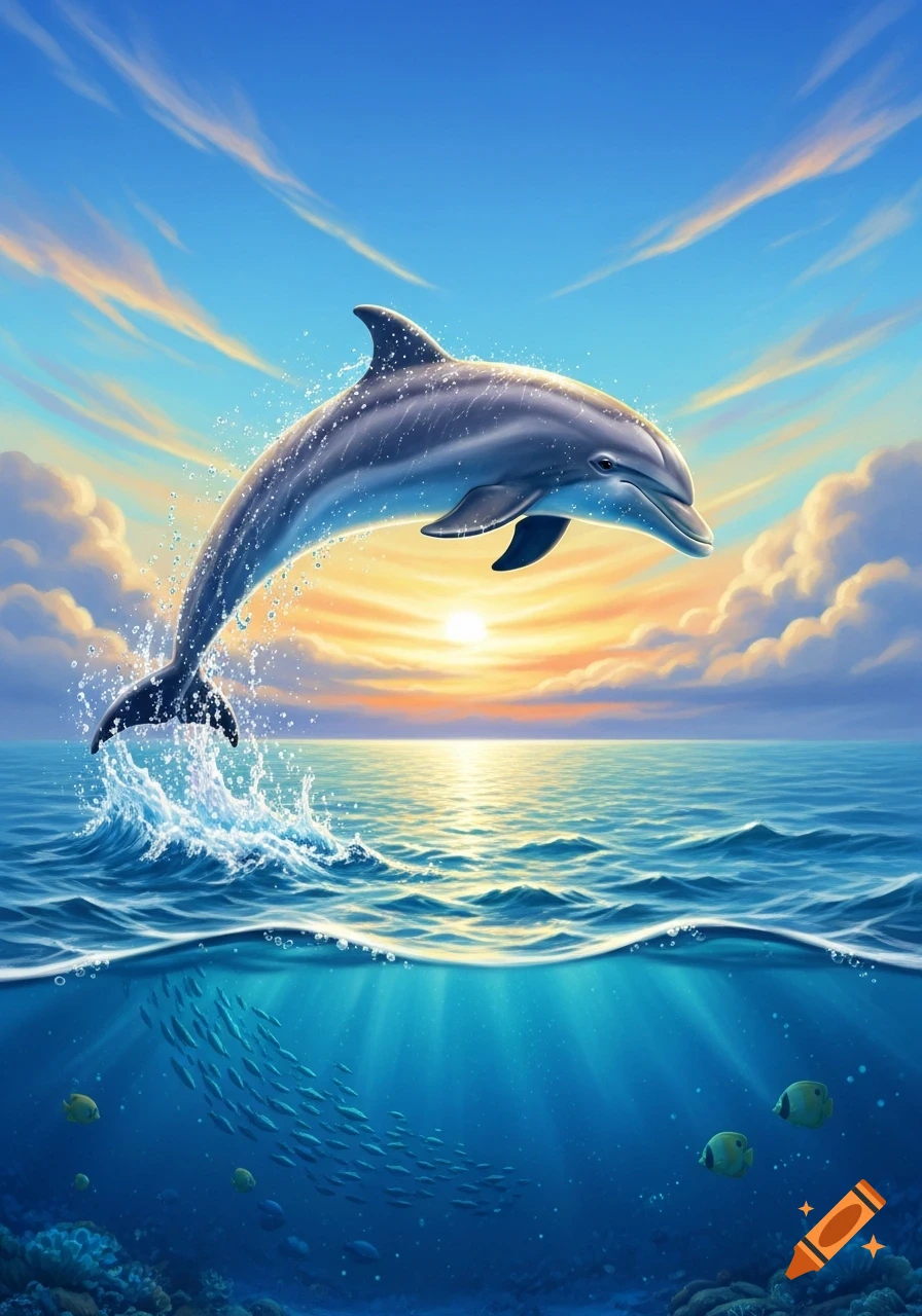 A stylized dolphin leaps out of a vibrant ocean at sunset, with an underwater view showing fish and coral.