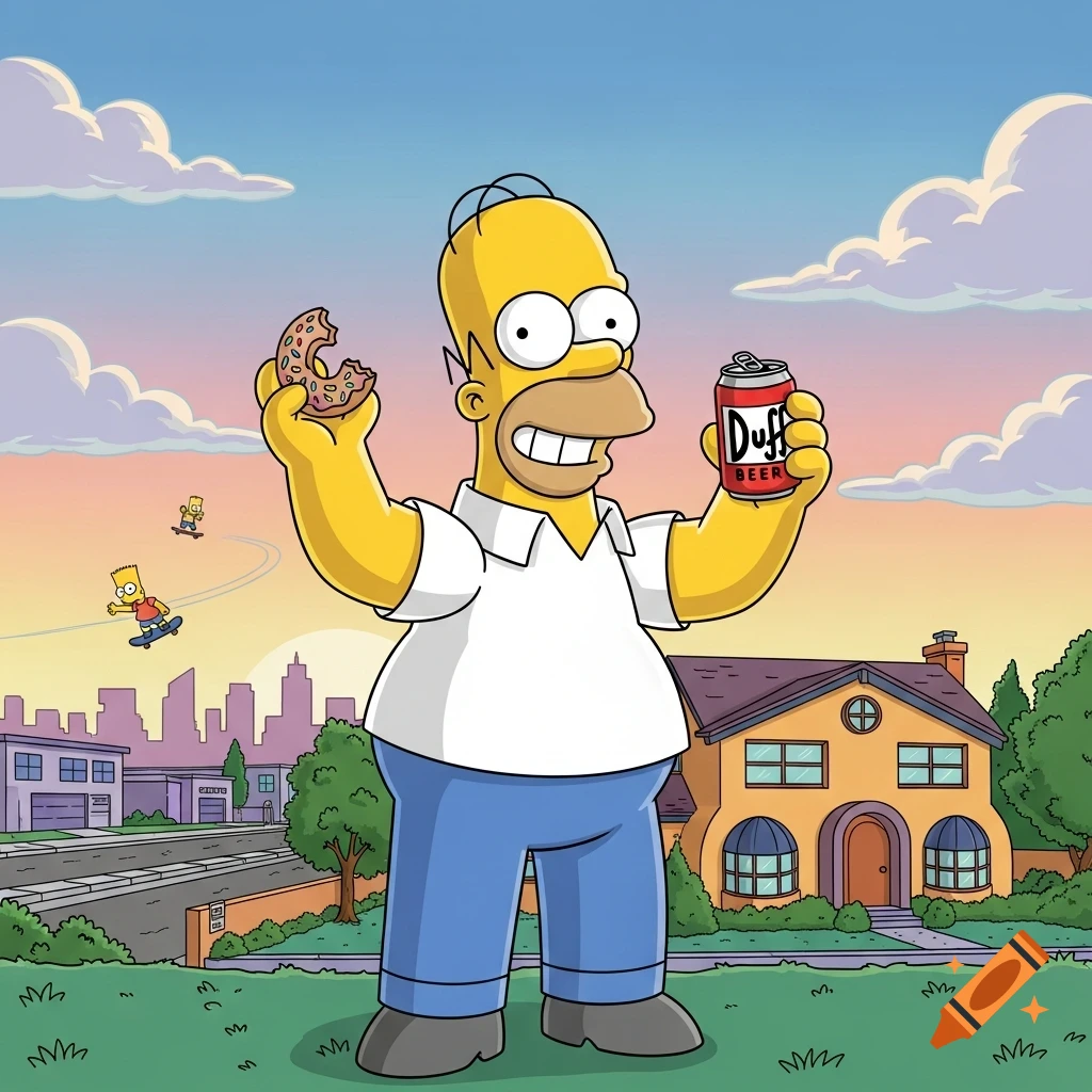 Homer Simpson holds a bitten donut and a Duff Beer can, with Bart skateboarding near the Simpsons' house in a cartoon style.