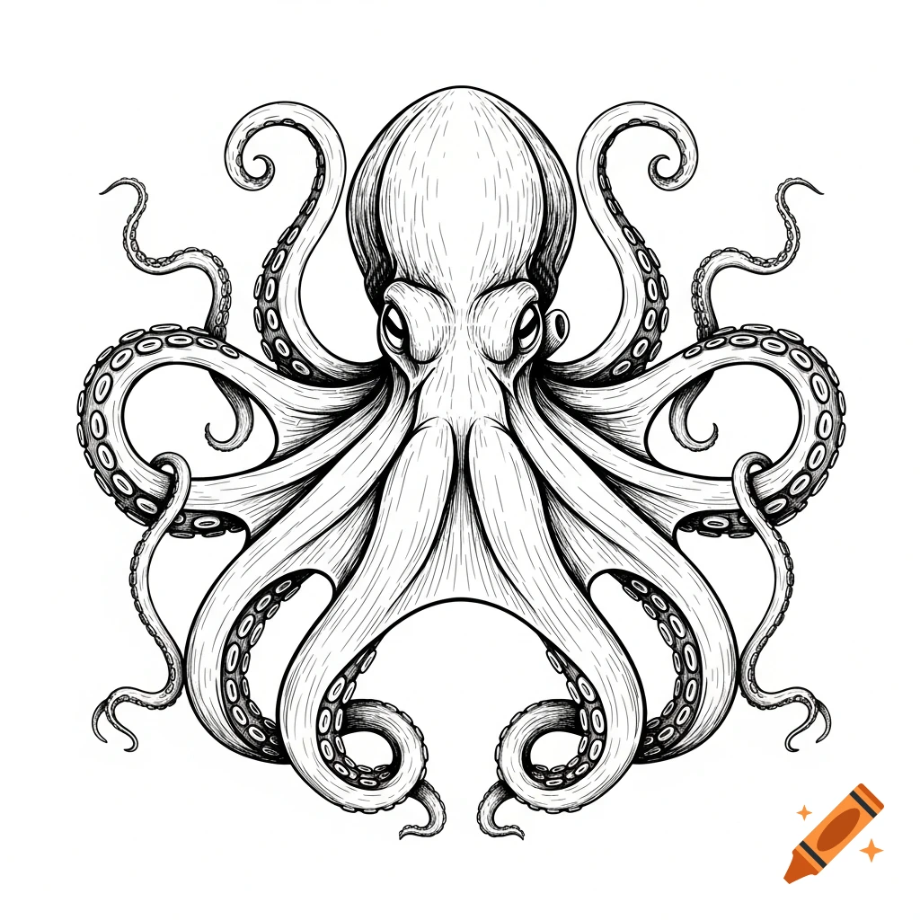 A detailed black and white hand-drawn illustration of an octopus with 8 tentacles, facing forward.