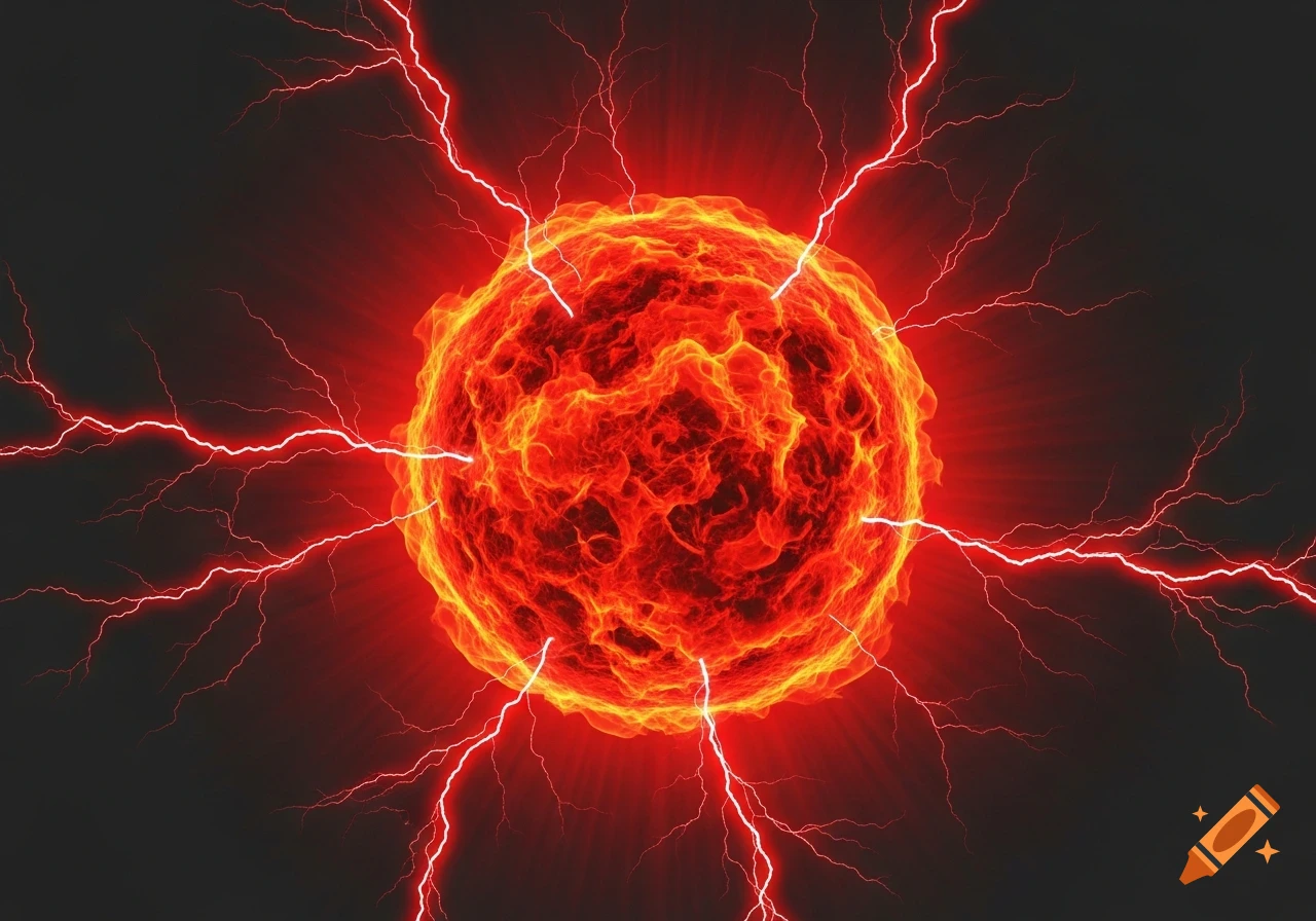 A vibrant red and orange fiery orb with intense red lightning bolts radiating outwards against a dark background.