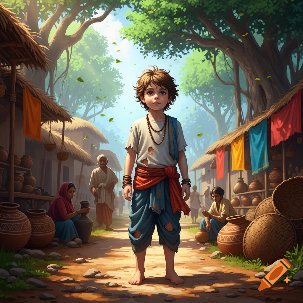 A young, barefoot boy in raggy clothes stands on a dirt path in a vibrant, stylized ancient Indian village with stalls and people.