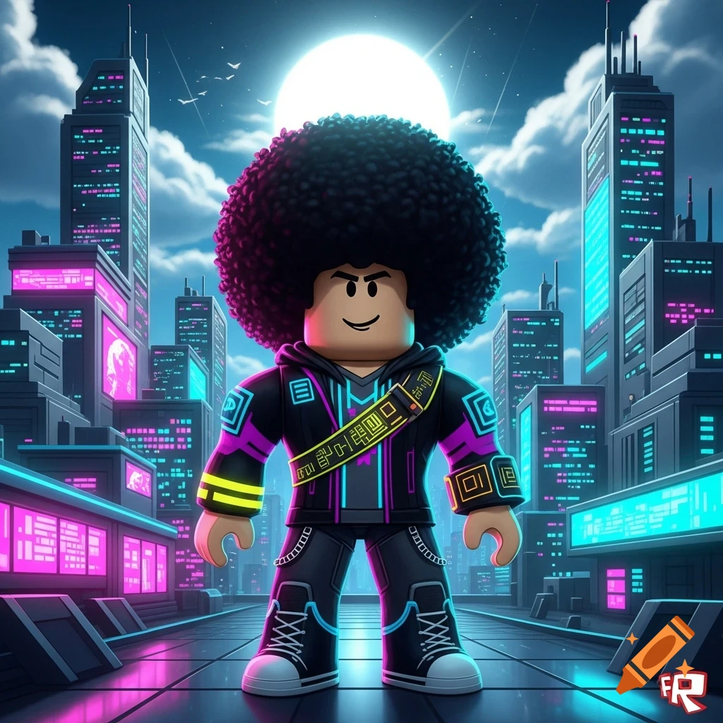 Roblox character with a large afro, wearing a black and neon outfit, stands in a futuristic city at night under a full moon.