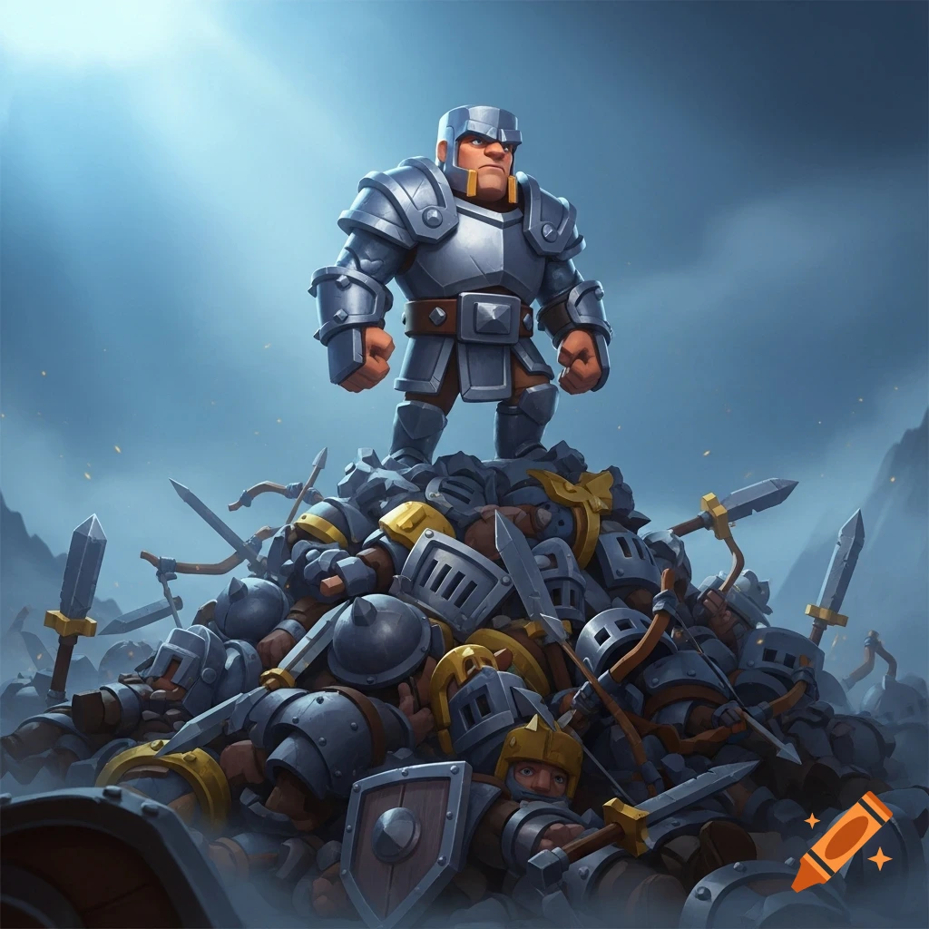 A stylized knight in silver armor stands triumphantly on a pile of defeated soldiers under a cloudy sky.