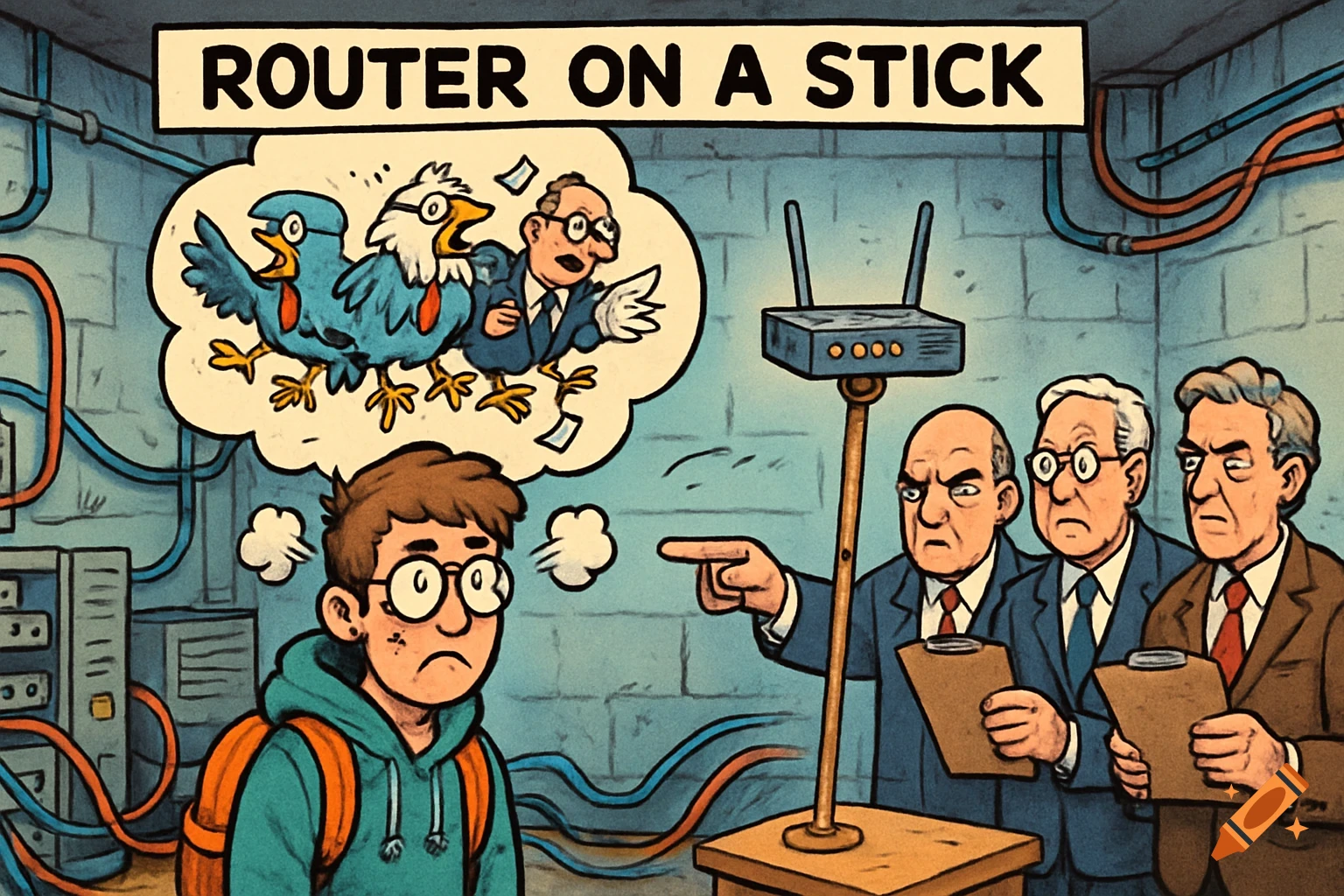 Comic of a student facing three stern examiners pointing at a 'Router on a Stick', with bird caricatures of the examiners in a thought bubble.