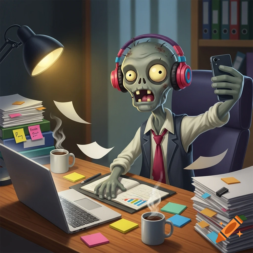 A cartoon zombie with headphones takes a selfie at a messy office desk, surrounded by a laptop, coffee mugs, and piles of papers.