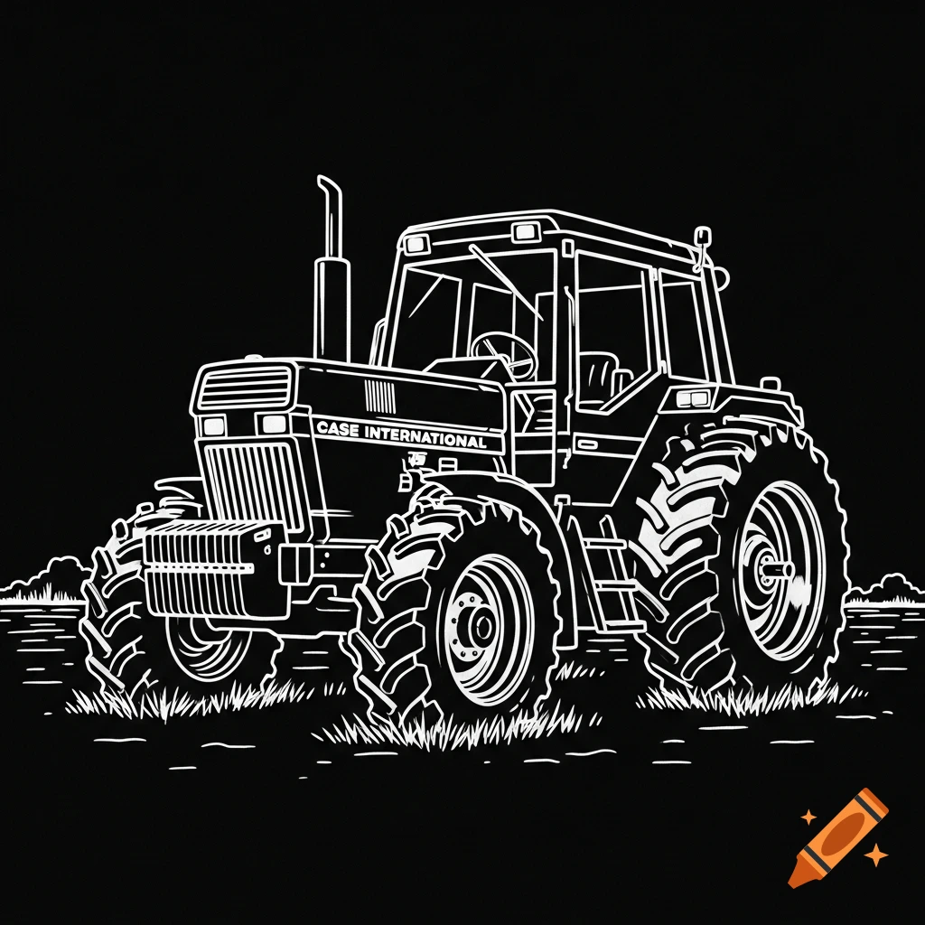White outline drawing of a Case International tractor in a field on a black background.