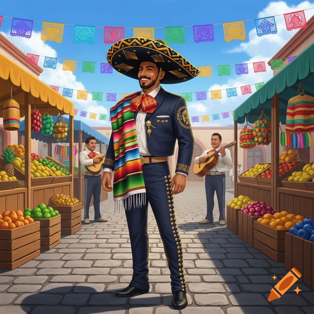 Smiling man in a mariachi suit and sombrero stands in a vibrant outdoor market with musicians and colorful banners.